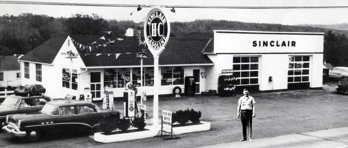 Old picture of Melson's garage when it was also a Sinclair station